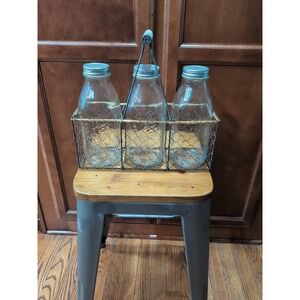 Retro Wire Basket W/ Wood Handle 3 Glass Bottles Lids Primitive Farmhouse Decor
